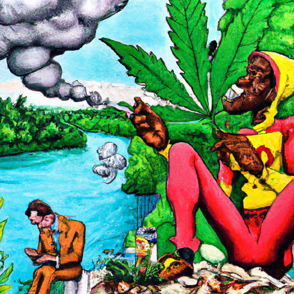 jamaica, river, trees, comic book painting, high resolution, Jack Kirby inspired, a series of a super hero weedman as a friend, smoking and having fun