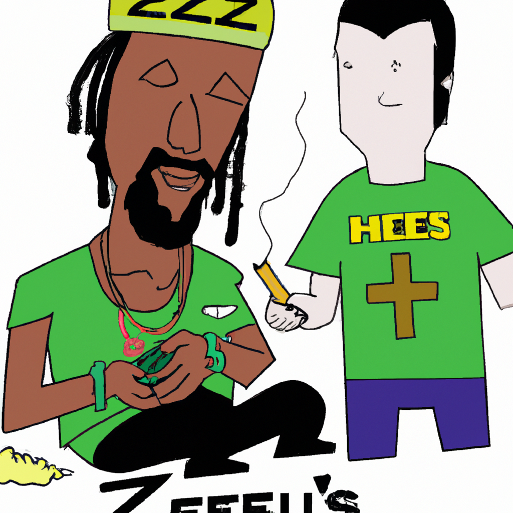 weedman as a friend, smoking, and wearing a tshirt with the words Zeus