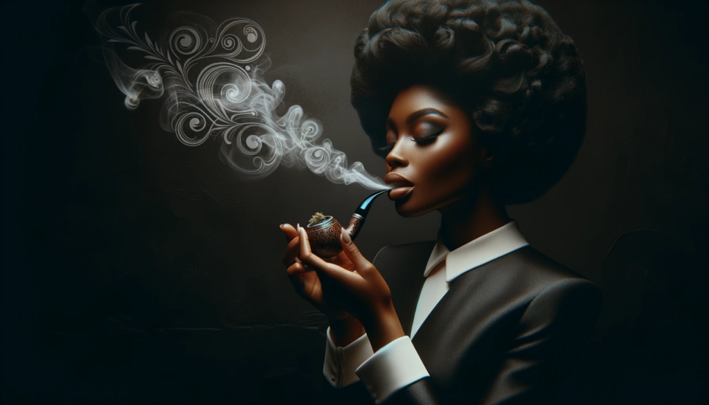 User
A contemporary splash screen showcasing a woman with African descent in a classy attire, gracefully smoking weed from a vintag